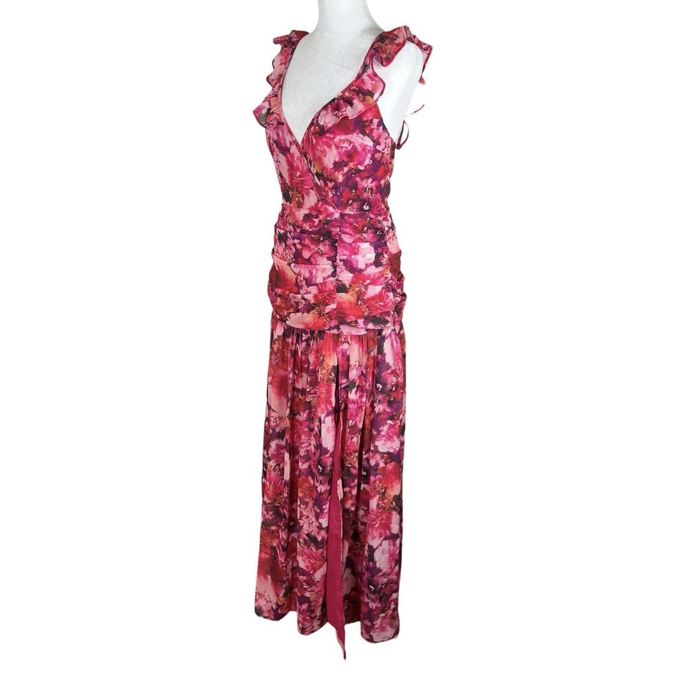 Showpo Jilliane Maxi Dress Ruched Thigh Slit Fuschia Frenzy Coquette Size 4 NWOT - Picture 5 of 9